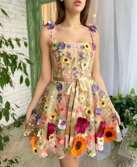 3D Flower Embroidered Suspender Dress