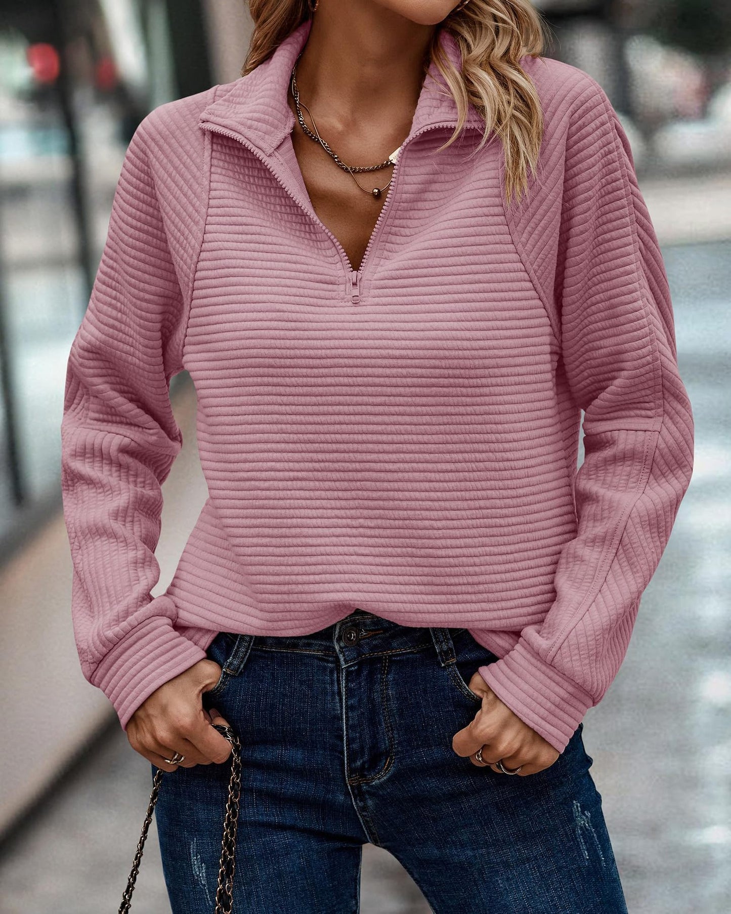 Zip Collar Plain V-Neck Top