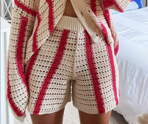 Striped Hollow Knitted Cardigan Suit