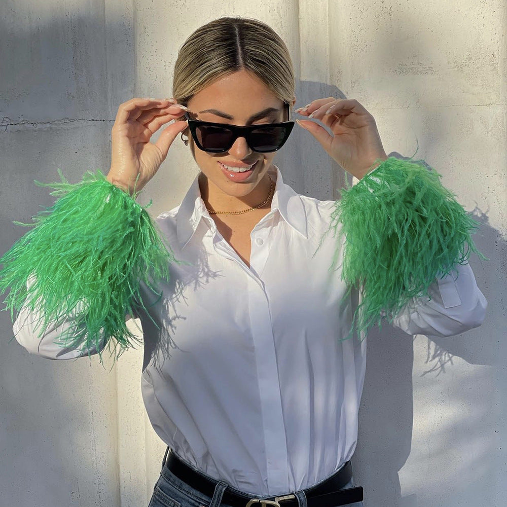 Comfy Shirt With Feather Cuffs