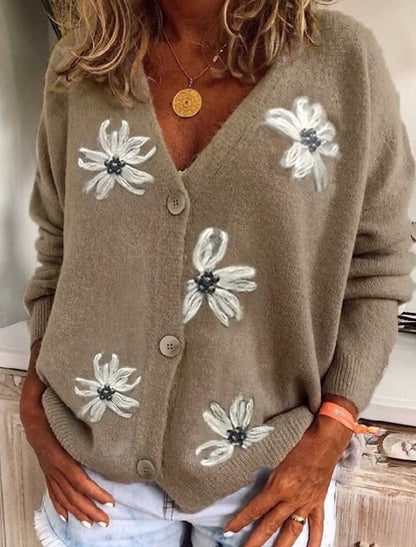 Long Sleeve Cardigan Embroidered V-Neck Knit Sweater