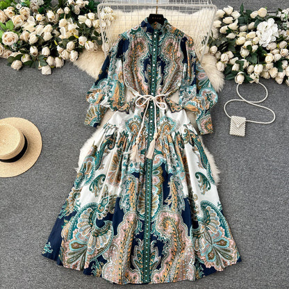 Stand Collar Buttoned Vintage Print Maxi Dress