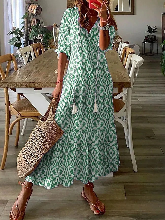 V-neck Printed Mustache Maxi Dress