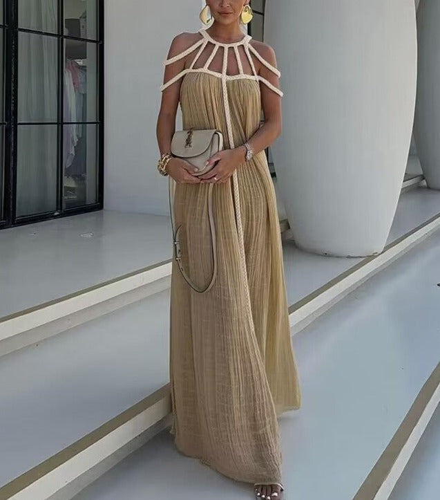 Modern And Sophisticated Linen Blend Draped Braids Cover Up Maxi Dress