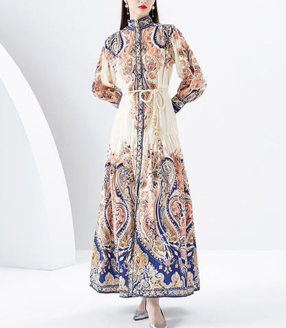 Stand Collar Buttoned Vintage Print Maxi Dress