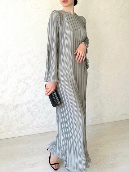 Elegant Pleated Trumpet Sleeve Midi Dress