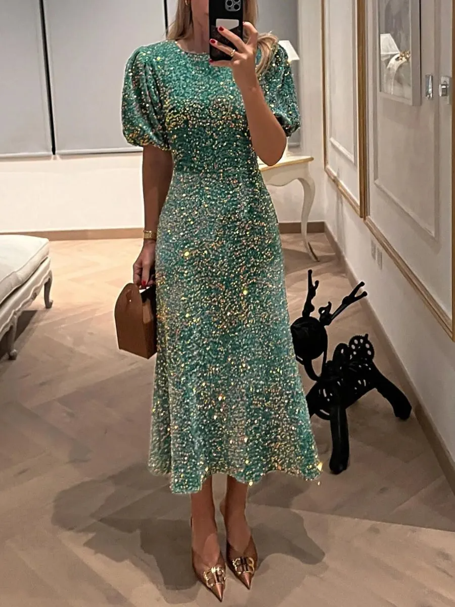 Sequin Bubble Sleeve Midi Dress