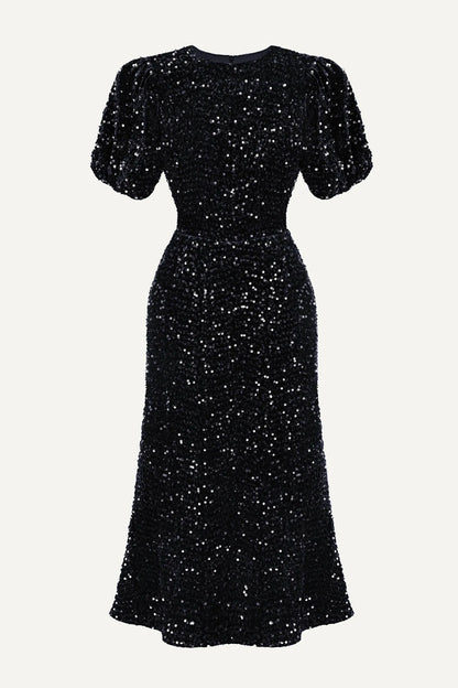 Velvet Sequin Puff Sleeve Midi Dress