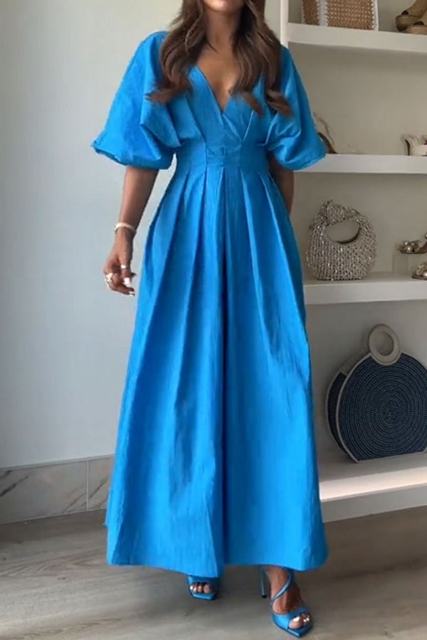 Antibes Linen Blend Princess Line Pleated Wide Puff Sleeve Midi Dress