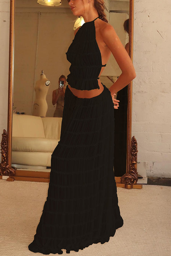 Versatility And Vintage Charm Pleated Drawstring Waist Tiered Maxi Skirt