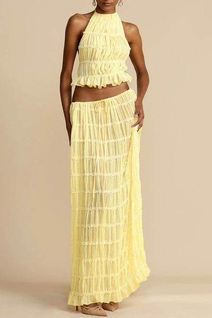 Versatility And Vintage Charm Pleated Drawstring Waist Tiered Maxi Skirt