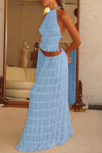 Versatility And Vintage Charm Pleated Drawstring Waist Tiered Maxi Skirt