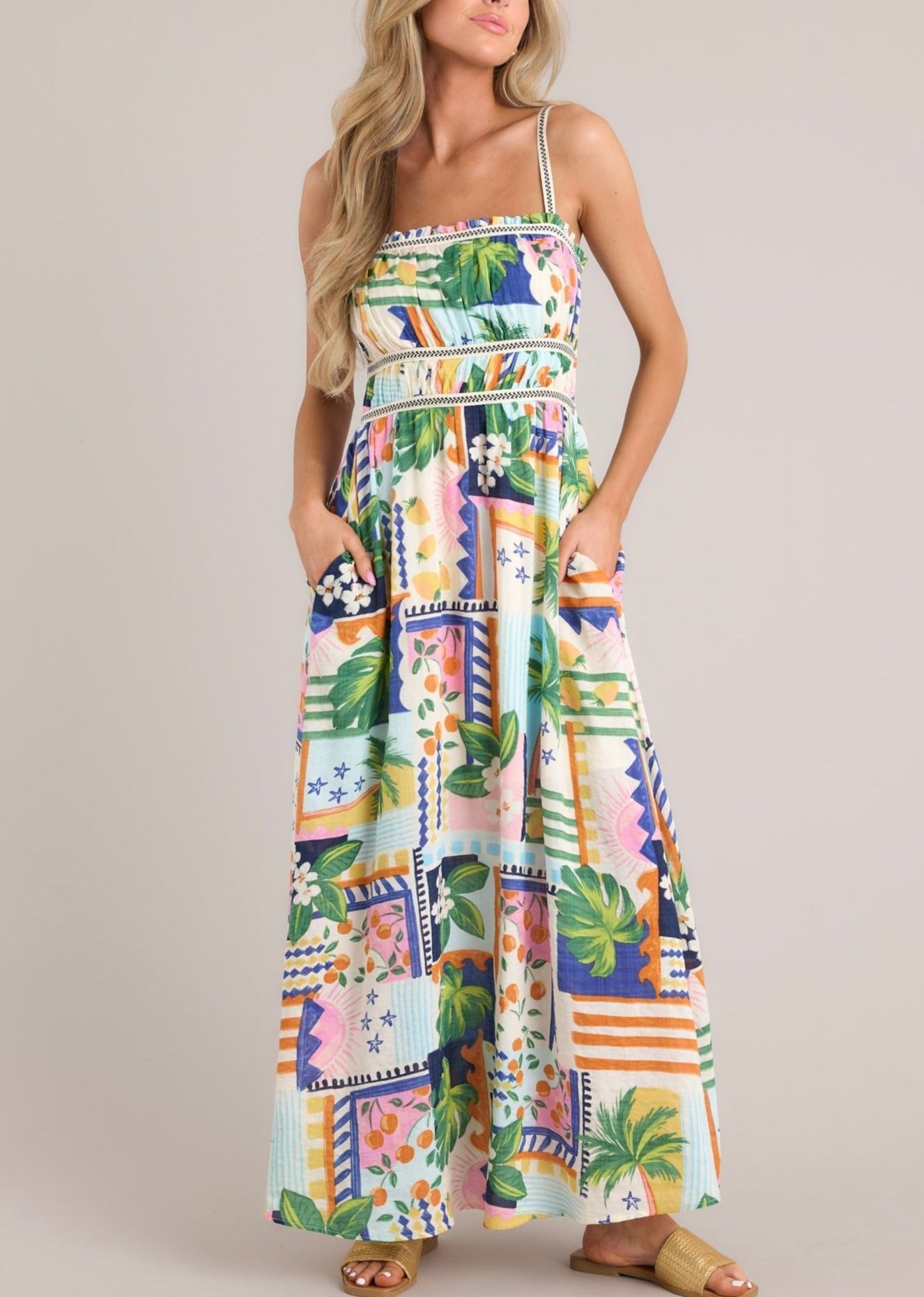 In The Sand Sky Blue Tropical Print Maxi Dress