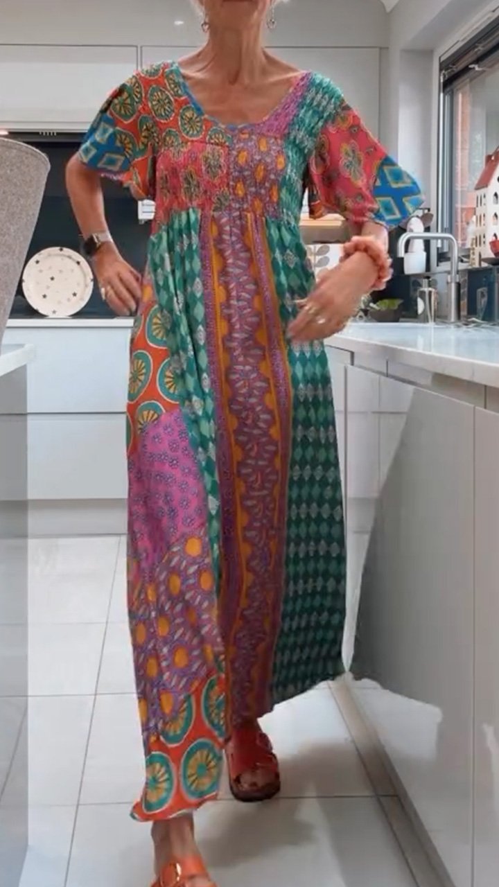 Women's Summer Bohemian Print Dress V Neck Maxi Dress