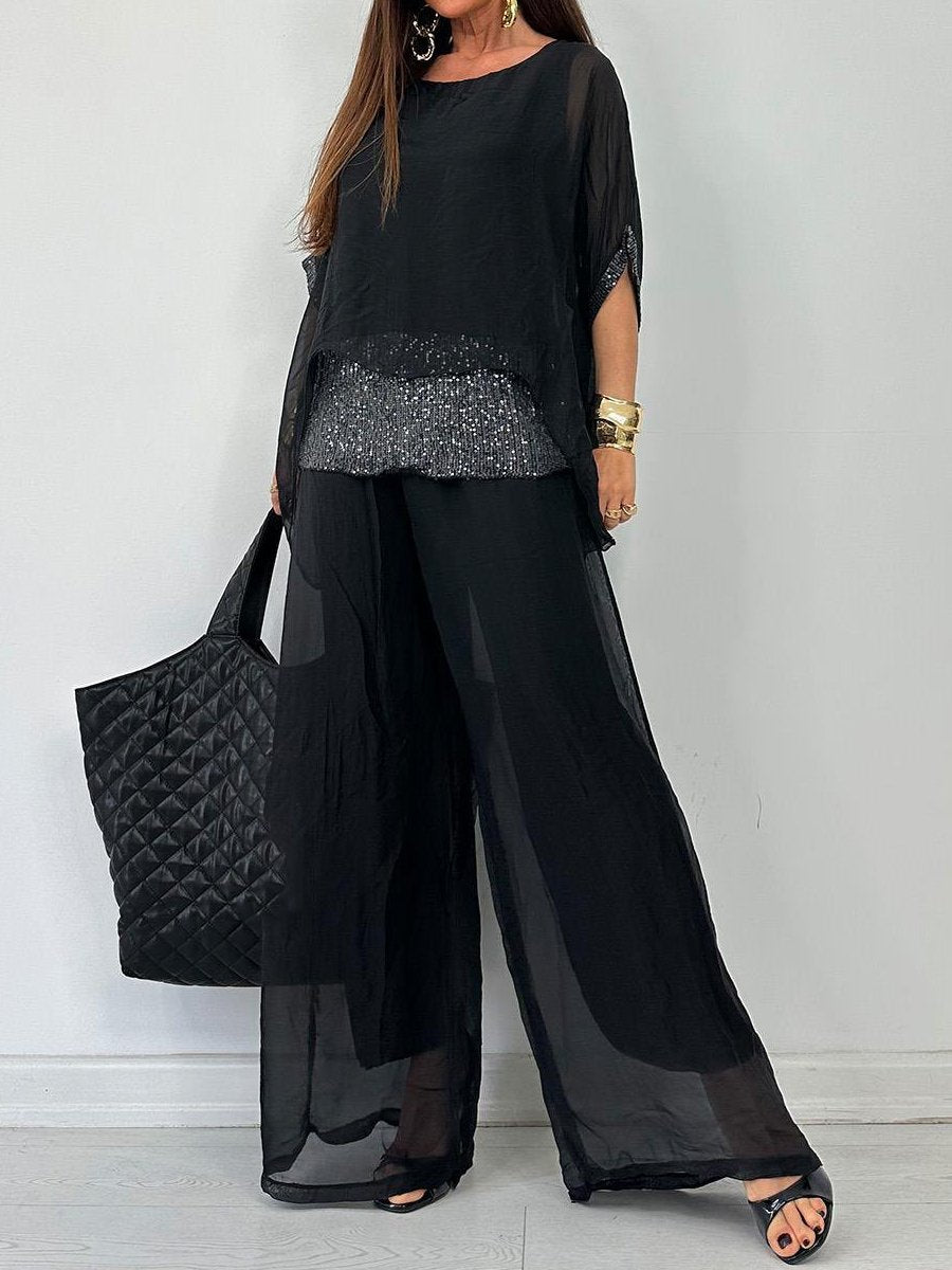 Dolman Sleeve Sequin Top Silk Pants Two Pieces Set