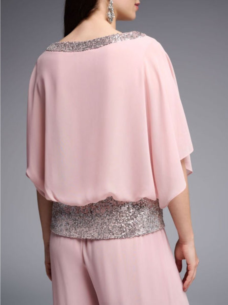 Silver Sequined Chiffon Two Piece Set