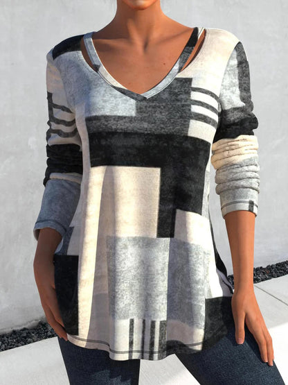 V-neck Colorblock Plaid Printed Top