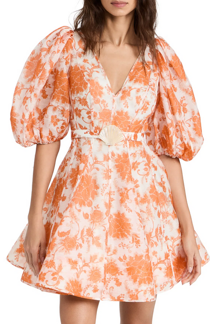 Postcard Puff Sleeve Mini in Orange Tonal Floral Dress