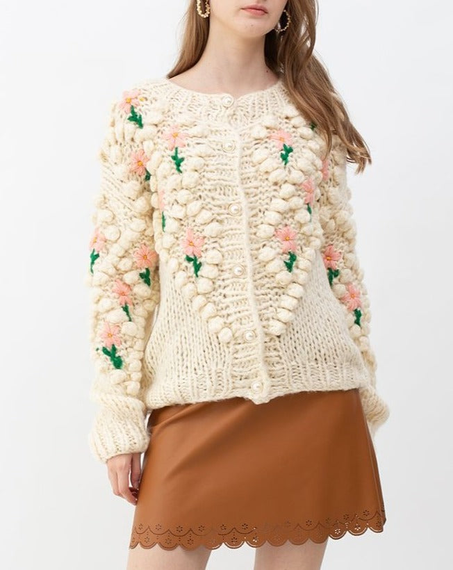 STITCH FLORAL DIAMOND POM-POM HAND KNIT CARDIGAN