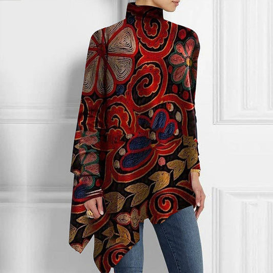 Oversized Artistic Floral Ribbon Mock Neck Top