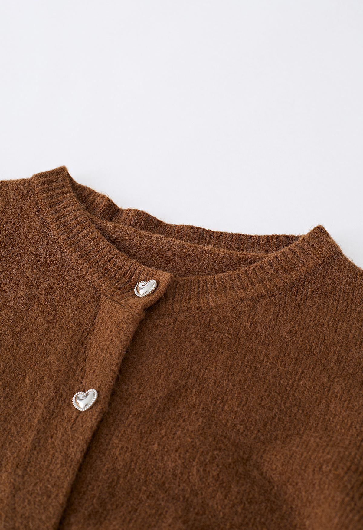 HEART-SHAPE BUTTON CROPPED KNIT CARDIGAN IN BROWN