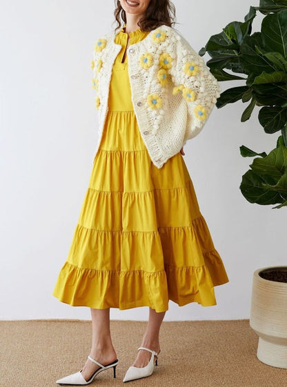 YELLOW STITCH FLOWER POM-POM KNIT CARDIGAN