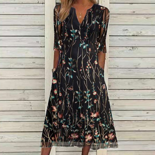 Attractive Plant Print V-Neck Midi Dress