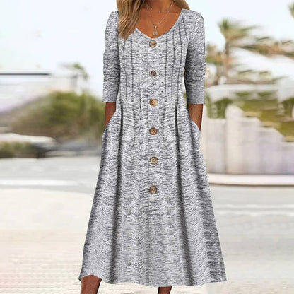 Gray V-neck Button Graphic Midi Dress