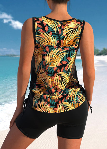 Black Leaf Print Cross Strap Tankini Set