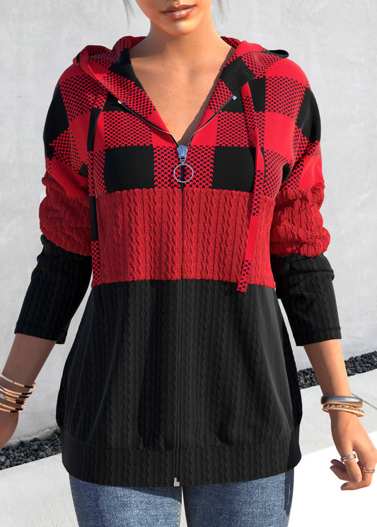 Zipper Tartan Print Red Long Sleeve Hoodie