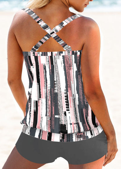 Criss Cross Grey Geometric Print Tankini Top