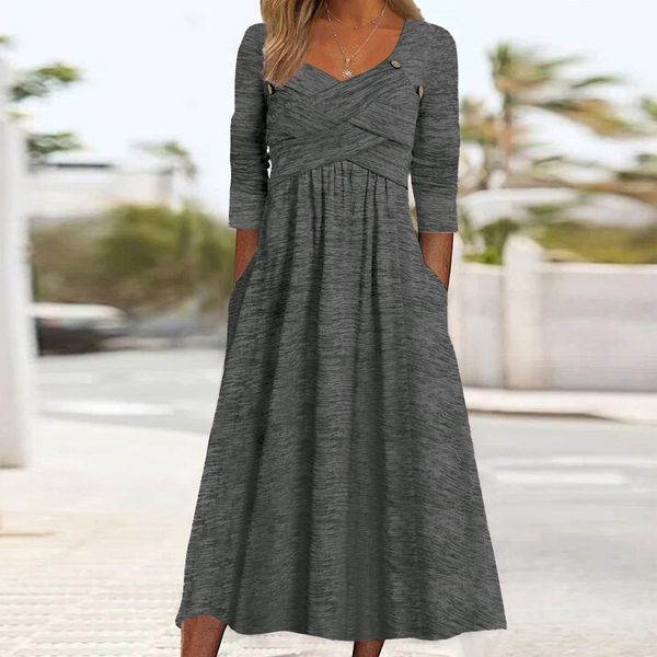 Long Sleeve V-neck Cross Design Midi Dress