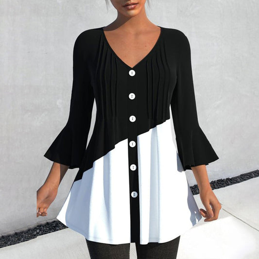 Black And White Color Block Button Top