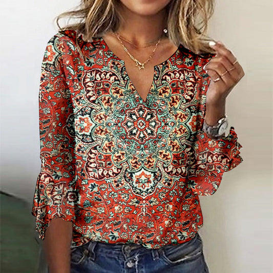 Mandala Autumn Red ¾ Sleeve Top