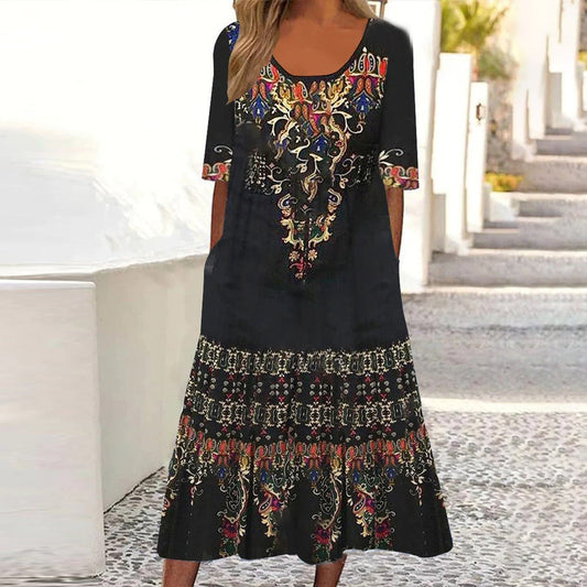 Cool Print Round Neck Midi Dress