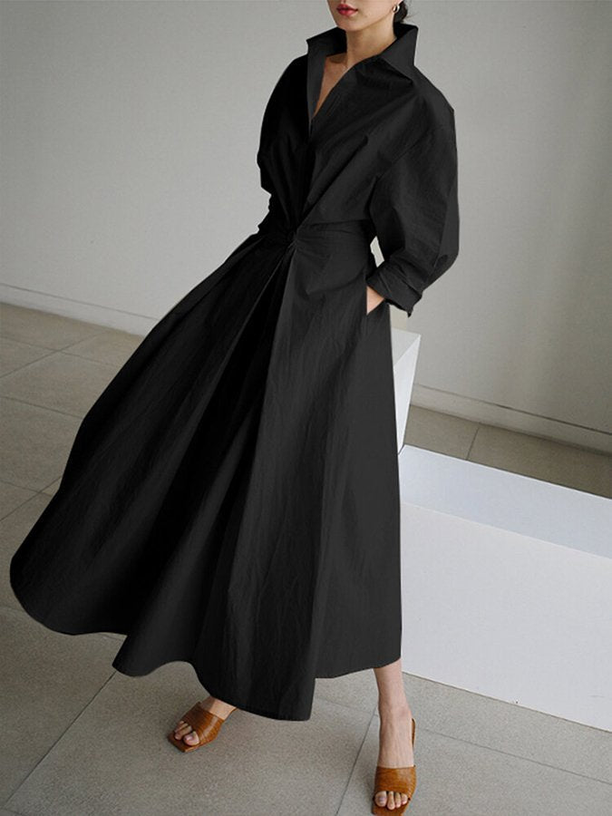 Black Fold Over Collar Side Pocket Maxi Dress