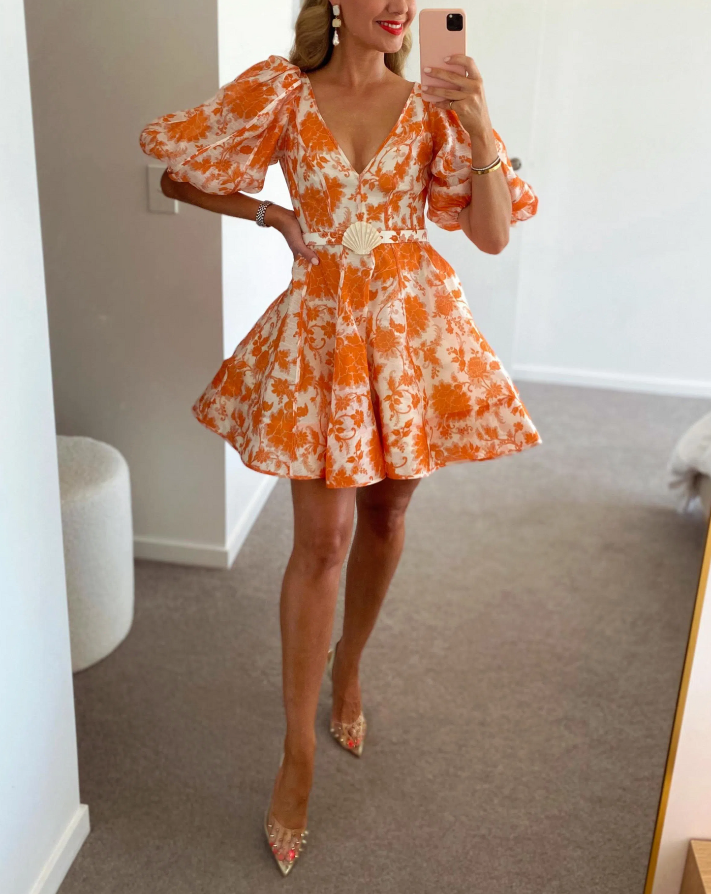 Postcard Puff Sleeve Mini in Orange Tonal Floral Dress