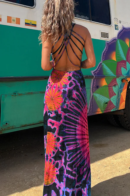 Tie-dye Print Back Lace-up Stretch Maxi Dress