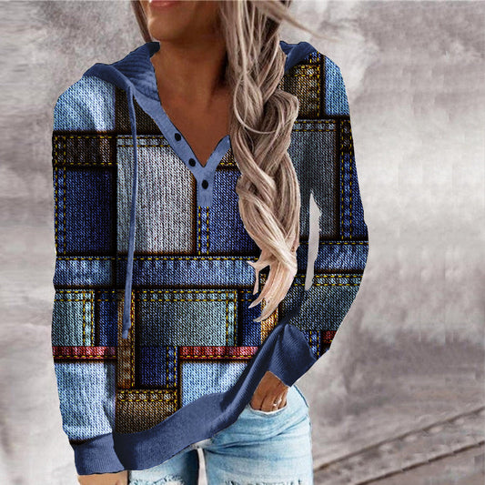 Patchwork Print Long Sleeve Hoodie Top