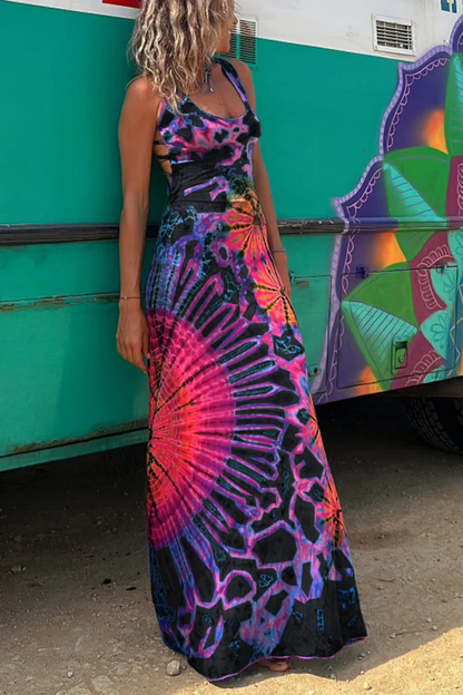 Tie-dye Print Back Lace-up Stretch Maxi Dress