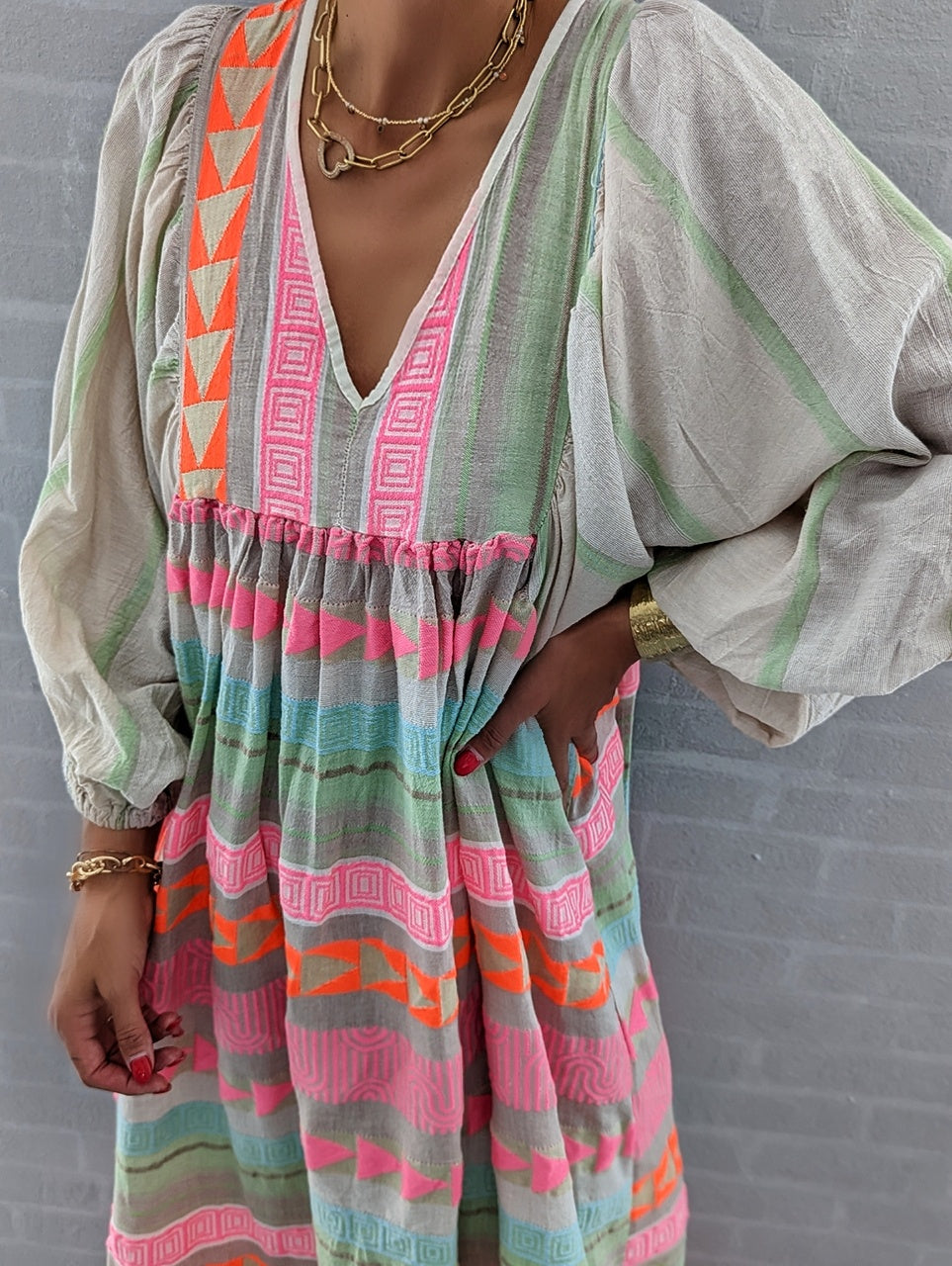 Pink Greek Key and Orange Chain Striped Print Midi Dress