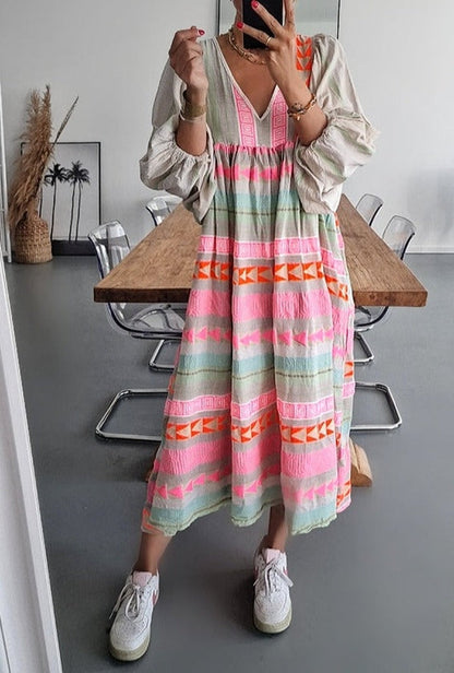 Pink Greek Key and Orange Chain Striped Print Midi Dress