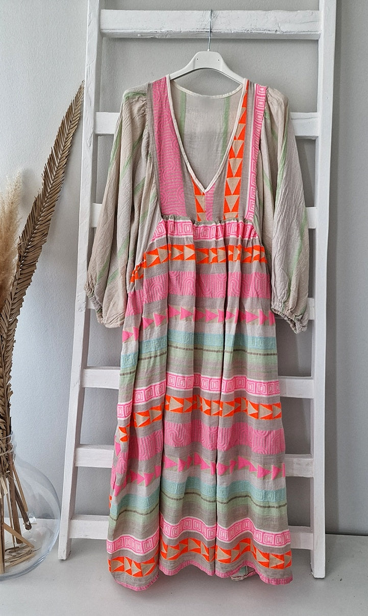 Pink Greek Key and Orange Chain Striped Print Midi Dress