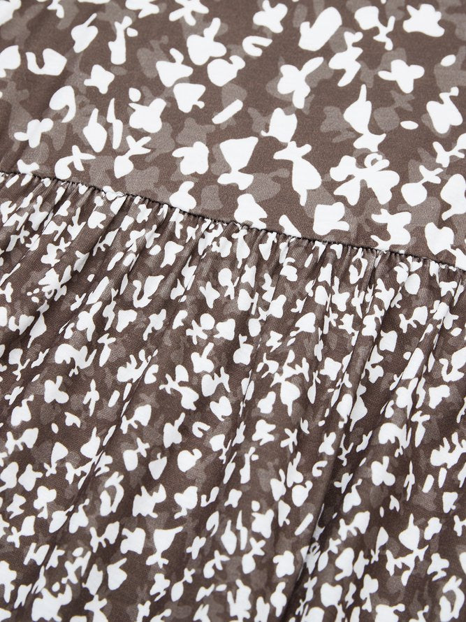 Brown Three Quarter V Neck Floral Shining Midi Dress