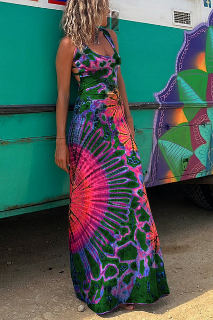 Tie-dye Print Back Lace-up Stretch Maxi Dress