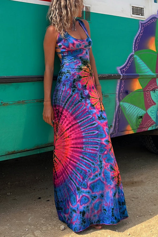 Tie-dye Print Back Lace-up Stretch Maxi Dress