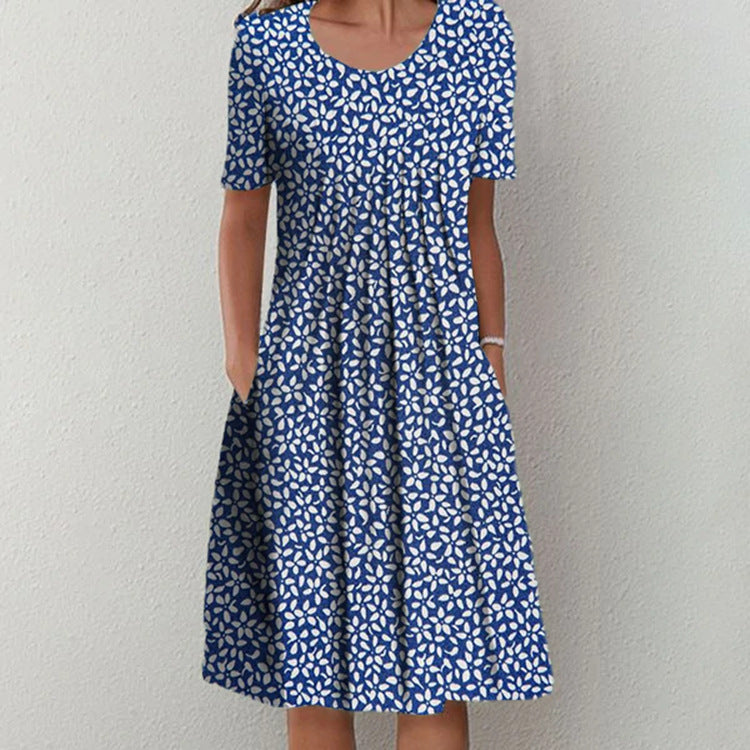 Flower Print Short Sleeve Midi Dress