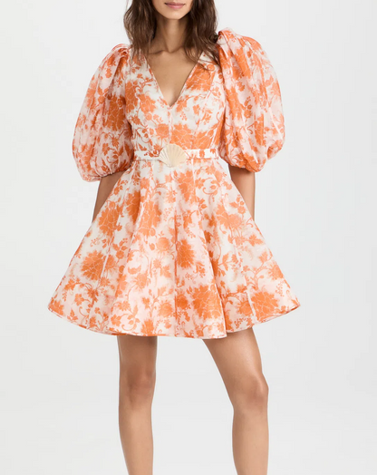 Postcard Puff Sleeve Mini in Orange Tonal Floral Dress