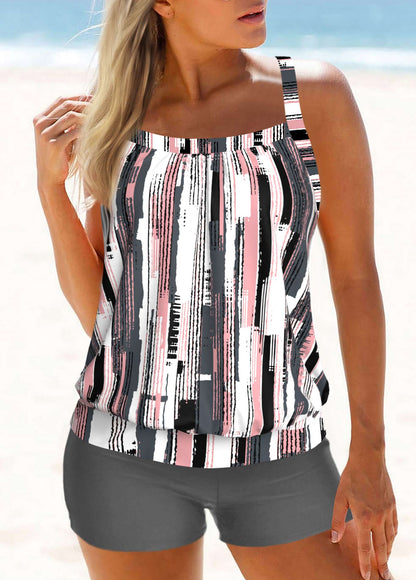 Criss Cross Grey Geometric Print Tankini Top