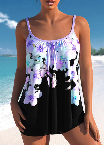 Floral Print Bowknot Light Purple Tankini Top